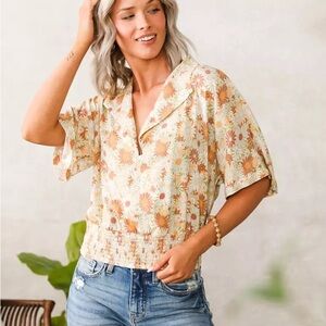 Floral Women's Blouse in Cream and Orange